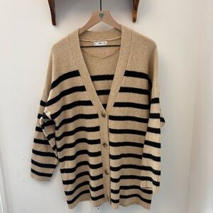 MNG Mango Striped Oversized Cardigan Sweater Beige Black Size Large Cozy